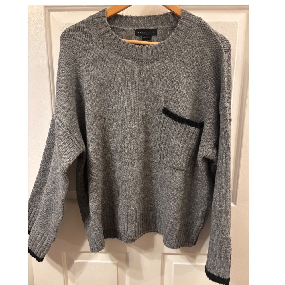 Sanctuary Womens Gray Knit Pocket Crewneck Sweater Oversized Dropped Shoulder